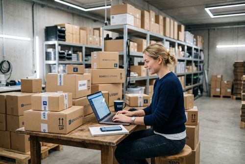 Žena pracuje na notebooku v sklade, obklopená kartónovými krabicami.