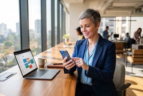 Žena v kancelárii sedí pri stole, drží mobilný telefón a usmieva sa. Vedľa nej je otvorený notebook a šálka kávy. V pozadí sú veľké okná s výhľadom na mesto.