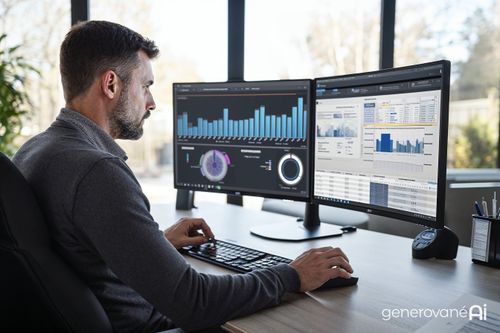 Muž sedí pri stole a pracuje na počítači s dvoma monitormi. Na obrazovkách sú zobrazené grafy a tabuľky. V pozadí sú viditeľné okná s výhľadom na vonkajšiu krajinu.
