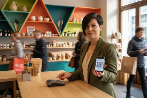 Osoba s krátkymi tmavými vlasmi stojí v obchode za pultom a drží v ruke mobilný telefón so zobrazeným QR kódom. Na pozadí sú farebné police s rôznymi výrobkami a zákazníci prechádzajú obchodom.