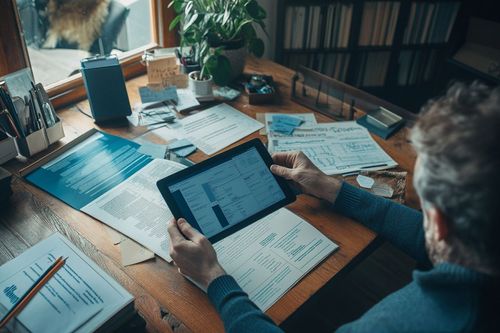 Osoba sediaca pri stole drží tablet. Stôl je pokrytý dokumentmi a kancelárskymi potrebami. Na stole je aj rastlina.
