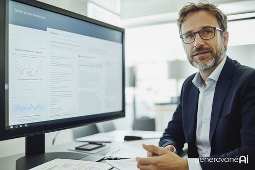 Na obrázku je muž v obleku, ktorý sedí pri stole pred veľkým monitorom. Na obrazovke sú zobrazené grafy a textové dokumenty. Muž má na sebe okuliare a je upravený. Na stole sú dokumenty a telefón.
