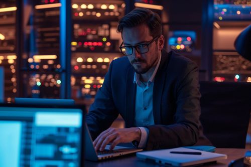 Muž v okuliaroch pracuje na notebooku v miestnosti s počítačovými servermi. Je oblečený v obleku a sústredí sa na svoju prácu. V pozadí sú viditeľné blikajúce svetlá serverov.