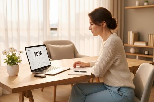 Žena sedí pri stole a pozerá na laptop, na ktorom je zobrazený kalendár s rokom 2026. Na stole je aj zápisník, pero a kvetináč s kvetmi. Osvetlenie je jemné a interiér pôsobí útulne.