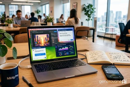 Na obrázku je notebook na stole v kancelárskom prostredí. Obrazovka zobrazuje rôzne pracovné aplikácie a grafy. Vedľa notebooku je otvorený zápisník s poznámkami a smartfón. Na stole je aj šálka a pero. V pozadí sú ďalší ľudia pracujúci v kancelárii.